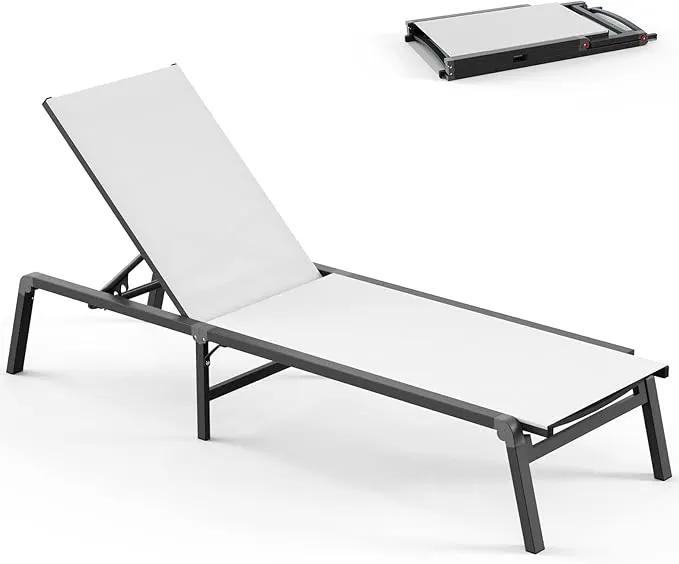 Chaise Lounge Outdoor, Foldable Aluminum Pool Lounge Chairs with 5 Positions Recliner - Free Assembly - Patio Chaise Lounge Chair for Poolside, Beach, Yard (White) by GreenHaven Gardens
