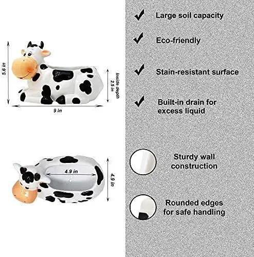 Cow Planter Pot - Cow Print Party Decoration Supplies - Garden Backyard Cow Stuff Statue - Flower Ceramic Succulent Planter - Plantador de Vacas - Large 9" with Drain by GreenHaven Gardens