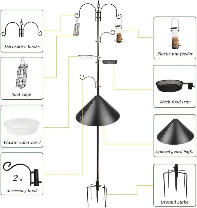 Deluxe Bird Feeding Station Kit - Wild Bird Feeder Hanging Pole With Multi Feeder, Suet Cage, Planter Hanger, and Squirrel Guard Baffle for Attracting Birds by GreenHaven Gardens