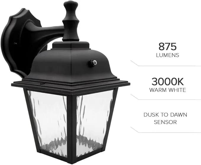 Maxxima LED Porch Lantern Outdoor Wall Light Fixture - Black, Clear Water Glass, Photocell Sensor, 875 Lumens, 3000K Warm White, Dusk to Dawn Light Sensor, Exterior Decorative Light by GreenHaven Gardens