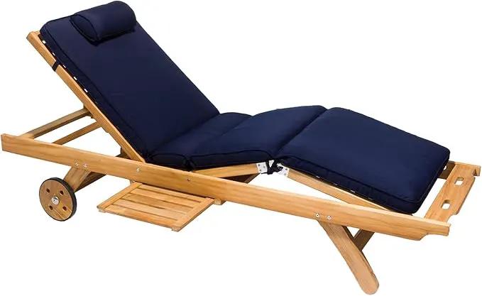 3-Piece Teak Patio Conversation Set with Sun Bed Loungers & 20-Inch Square Folding Picnic Table (P143NA), Navy Sun Bed Cushions by GreenHaven Gardens