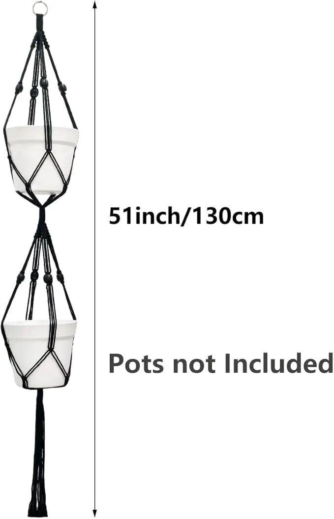 Belit 2 Pack Double Macrame Plant Hangers 2 Tier Hanging Planter Basket Decorative Flower Pot Holder Rope for Indoor Outdoor Home Decor 51 Inch, Black by GreenHaven Gardens