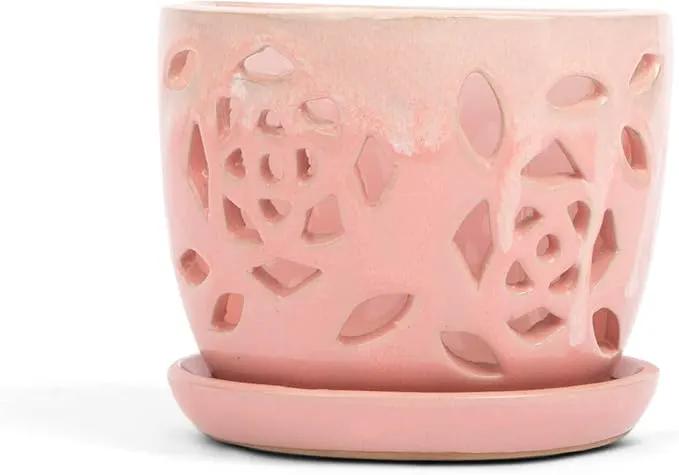 rePotme Orchid Pot - 5 inch Floral Cutout Ceramic Orchid Pot with Holes (Cream Over Cotton Candy) - Includes 5 inch Slotted Pot Liner by GreenHaven Gardens