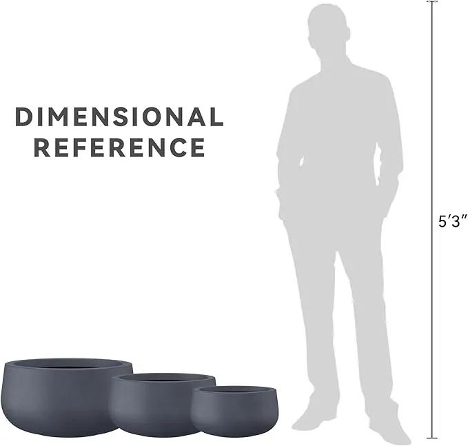 Kante 19.6",15.7",11.8" Dia Round Concrete Planters Set of 3, Outdoor Indoor Garden Plant Pots with Drainage Hole and Rubber Plug, Modern Curvaceous Design, Charcoal by GreenHaven Gardens