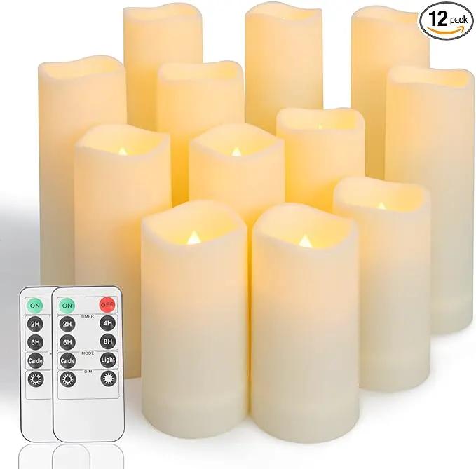Metaku Flameless Flickering LED Candles Set of 12 - Battery Operated Ivory with Remote & Timer for Halloween, Christmas, Bedroom, Home, Wedding, Birthday Decoration D2.2'' x H4''5''6''7'' by GreenHaven Gardens