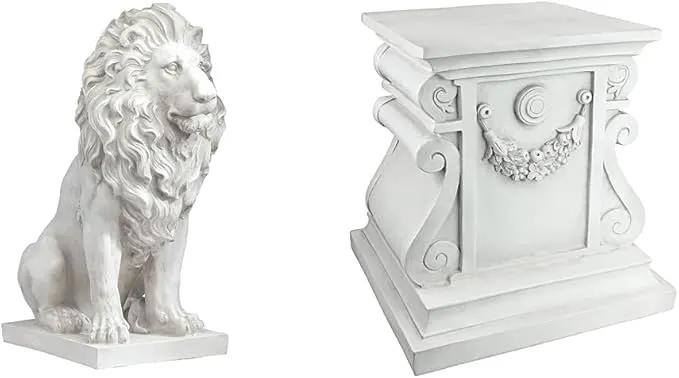 Design Toscano Lion of Florence Sentinel Statue (13 Inches Wide, 21 Inches Deep, 28 Inches High) and Classic Statuary Garden Plinth Base Riser, Large (15 Inches Wide,14 Inches Deep,15 Inches High) by GreenHaven Gardens