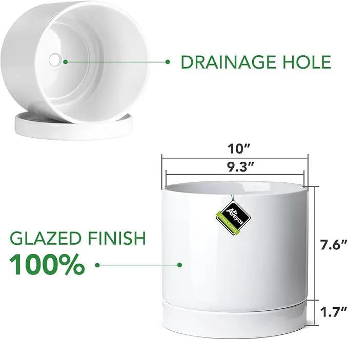 Aveyas 10 inch Ceramic Planter Pot with Drainage Hole and Saucer - Suitable for Indoor and Outdoor Use, Modern Planters for House Garden Flower Tree Snake Monstera Plants (10", Glossy White) by GreenHaven Gardens