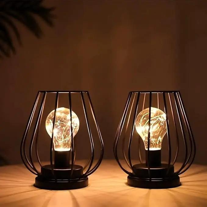 TRIROCKS Set of 2 Metal Battery Operated Lamp 7'' Tall Mini Cage Shape Cordless Table Lamp Battery Lanterns with Warm Fairy Lights Bulb for Patio Garden Wedding Parties Indoor Outdoor(Black) by GreenHaven Gardens
