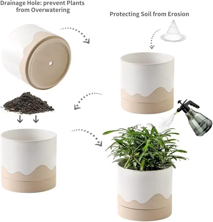 Nihow Ceramic Plant Pot: 6 Inch Planter with Drainage Hole & Saucer for Indoor & Outdoor Plants - Cylinder Round Flower Pot for Succulent/Herbs/Violets - White & Nature by GreenHaven Gardens