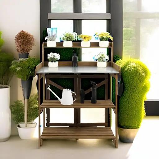 Folding Garden Potting Bench Table，Outdoor Wooden Work Station W/Metal Table Top,2 Tier Open Storage Rack,Top Shelf-Natural Stained by GreenHaven Gardens