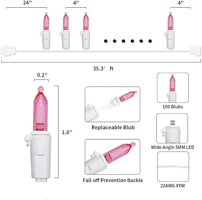 Pink Christmas LED Lights - 2 Pack 100 Count Pink Christmas String Lights for Tree, Bedroom, Wedding, Indoor/Outdoor Valentines Day Decorations, 2 Sets 33 Feet White Wire, UL Certified, Connectable by GreenHaven Gardens