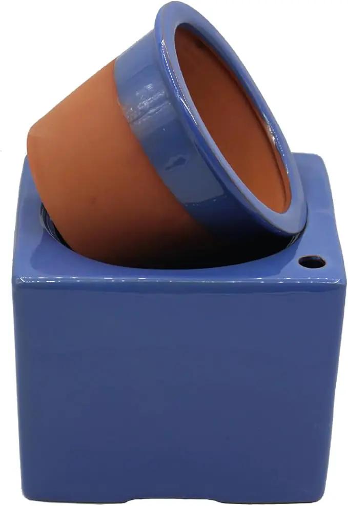 2-Pack Ceramic African Violet Self Watering Pot 6 Inch Square Pot 3.5 Inch Innter Pot Easy Fill Water Reservoir White Blue by GreenHaven Gardens