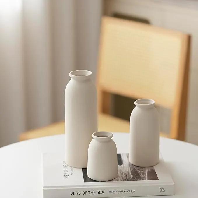 Ceramic Vase Set-3, Small Flower Vases for Decor, Modern Boho Farmhouse Style, Decorative Vases for Pampas Grass & Dried Flowers, Distressed Finish (Beige) by GreenHaven Gardens