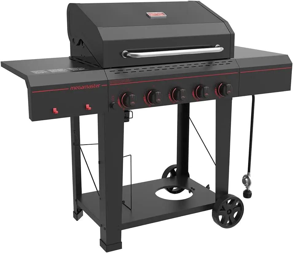 720-0982 5 Burner Propane Barbecue Gas Grill, Side Shelves with Hooks, for Outdoor Cooking, Patio, Garden Barbecue Grill, 50000 BTUs, Open Chart, Black by GreenHaven Gardens