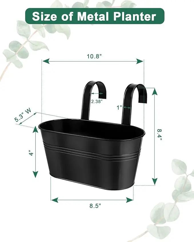 vensovo Metal Railing Planter for Outdoor Plants - 3 Pack Balcony Hanging Flower Pots with Detachable Hooks and Drain Holes Oval Bucket Rail Box Fence Planters for Home Garden Decor, Black by GreenHaven Gardens