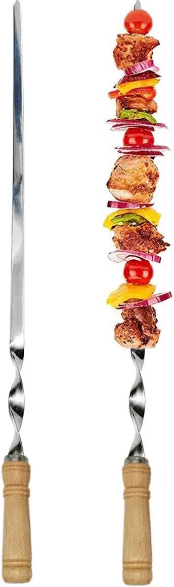 12 Pack Kabob Skewers BBQ Barbecue Skewers Stainless Steel Sticks 23.5 Inch Heavy Duty Large Wide Reusable with Nonslip Wooden Handle Ideal for Shish Kebab Chicken Shrimp and Vegetables by GreenHaven Gardens