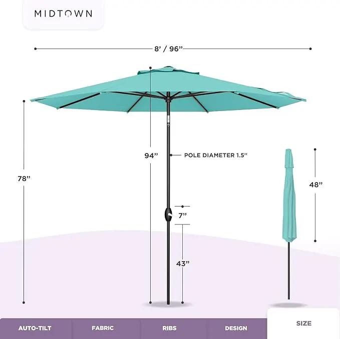 Midtown Umbrellas The Lean 8 Feet Outdoor Umbrella With Terylast Cobalt Stripes (Blue/White Stripes) Polyester Fabric - Auto-Tilt Aluminum Frame Patio Umbrella For Deck, Garden, Pool - Black Pole by GreenHaven Gardens