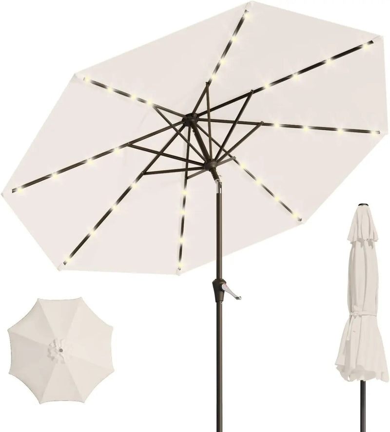 9FT Solar Umbrella 32 LED Lighted Patio Umbrella Table Market Umbrella w/Tilt and Crank, UV-Resistant Outdoor Umbrella for Pool, Garden, Deck, Creamy White by GreenHaven Gardens