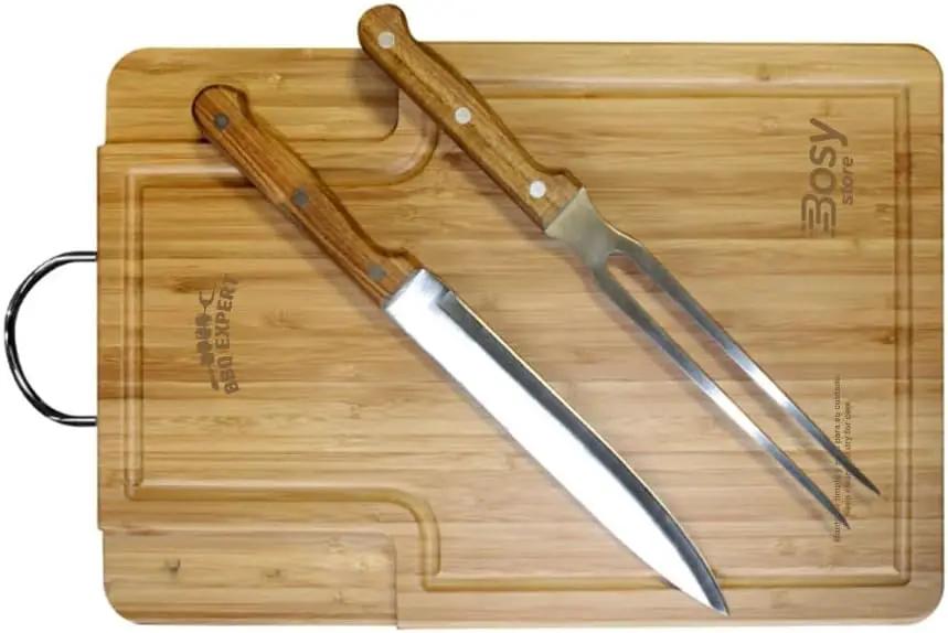 Premium BBQ Accessories & Grill Set with Bamboo Cutting Board, Adjustable Apron, Stainless Steel Knife & Fork. by GreenHaven Gardens