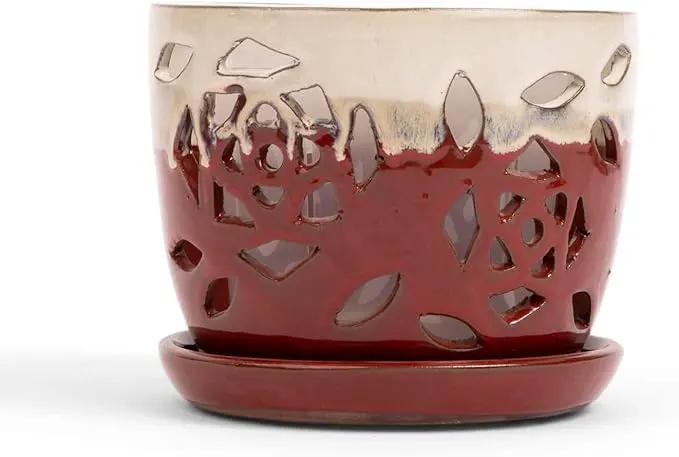 rePotme Orchid Pot - 5 inch Floral Cutout Ceramic Orchid Pot with Holes (Cream Over Garnet) - Includes Free 5 inch Slotted Pot Liner by GreenHaven Gardens