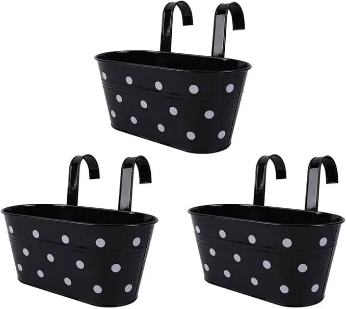 vensovo Metal Railing Planter for Outdoor Plants - 3 Pack Balcony Hanging Flower Pots with Detachable Hooks and Drain Holes Oval Bucket Rail Box Fence Planters for Home Garden Decor, Black with Spot by GreenHaven Gardens