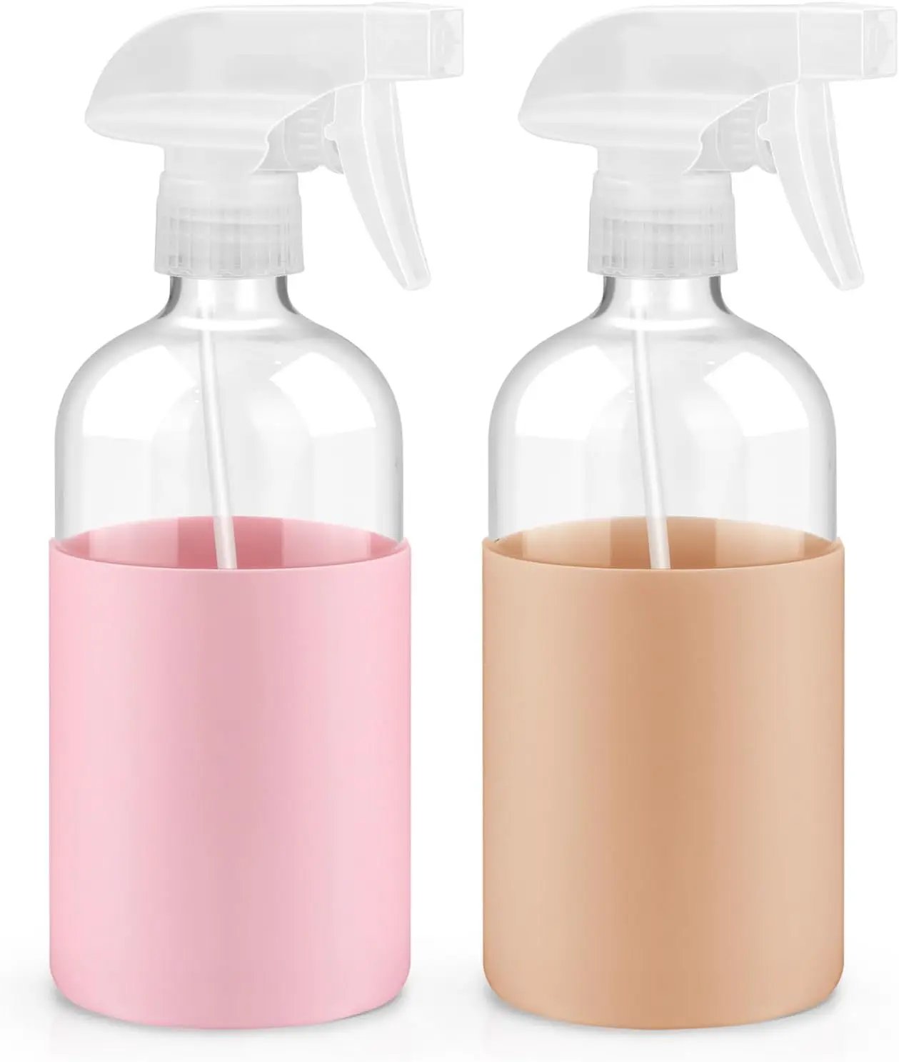 2 Pack Glass Spray Bottles with Silicone Sleeve, 16 oz Empty Refillable Containers with Adjustable Spray Nozzles, Spray Bottles for Hair, Cleaning Solutions and Plants Pink&khaki by GreenHaven Gardens