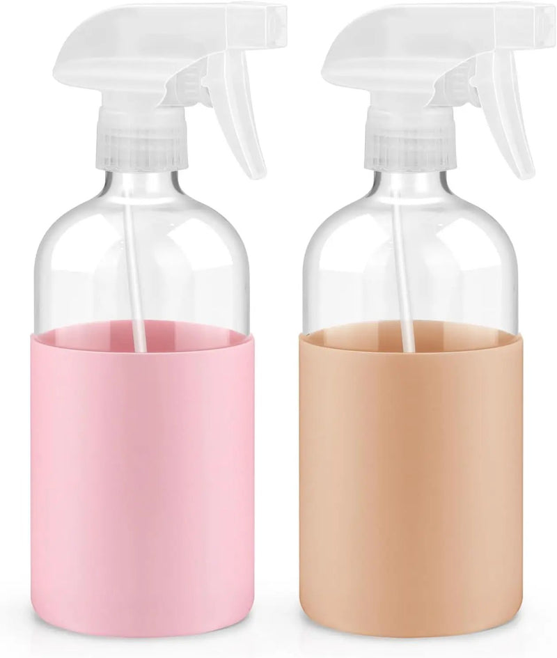 2 Pack Glass Spray Bottles with Silicone Sleeve, 16 oz Empty Refillable Containers with Adjustable Spray Nozzles, Spray Bottles for Hair, Cleaning Solutions and Plants Pink&khaki by GreenHaven Gardens