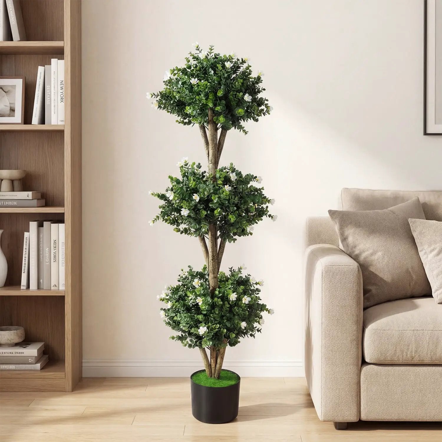 51" Artificial Triple Ball Boxwood Topiary Tree with 59 Blossoms by DirectDeals