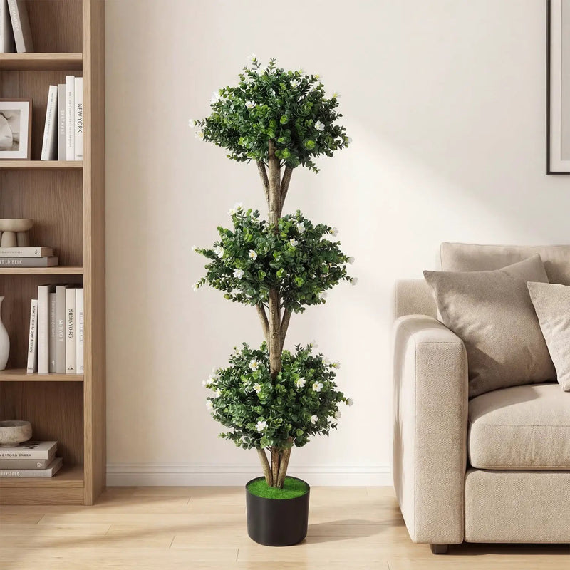 51" Artificial Triple Ball Boxwood Topiary Tree with 59 Blossoms by DirectDeals