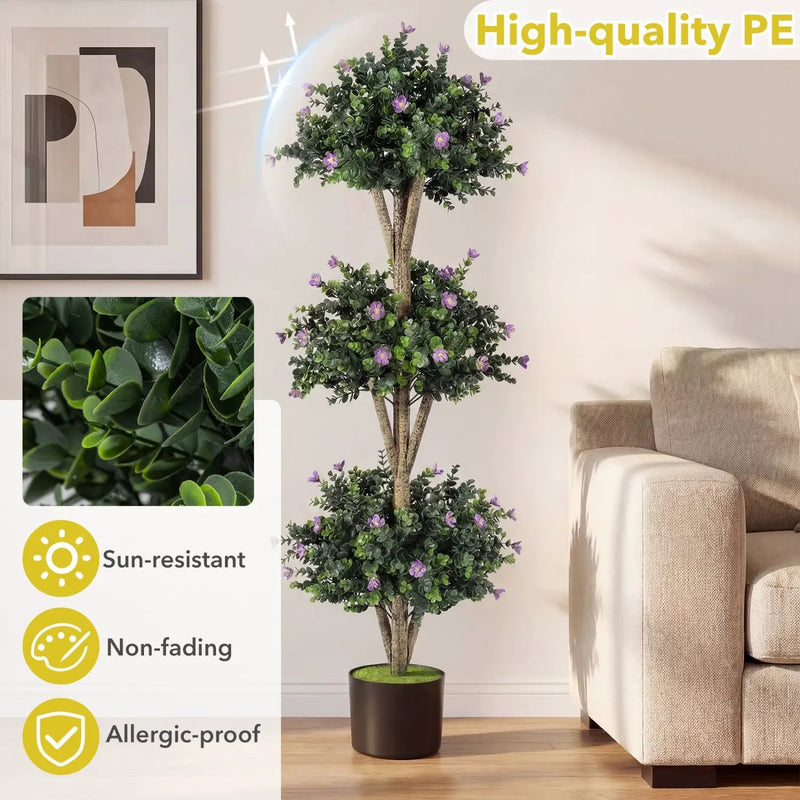 51" Artificial Triple Ball Boxwood Topiary Tree with 59 Blossoms by DirectDeals