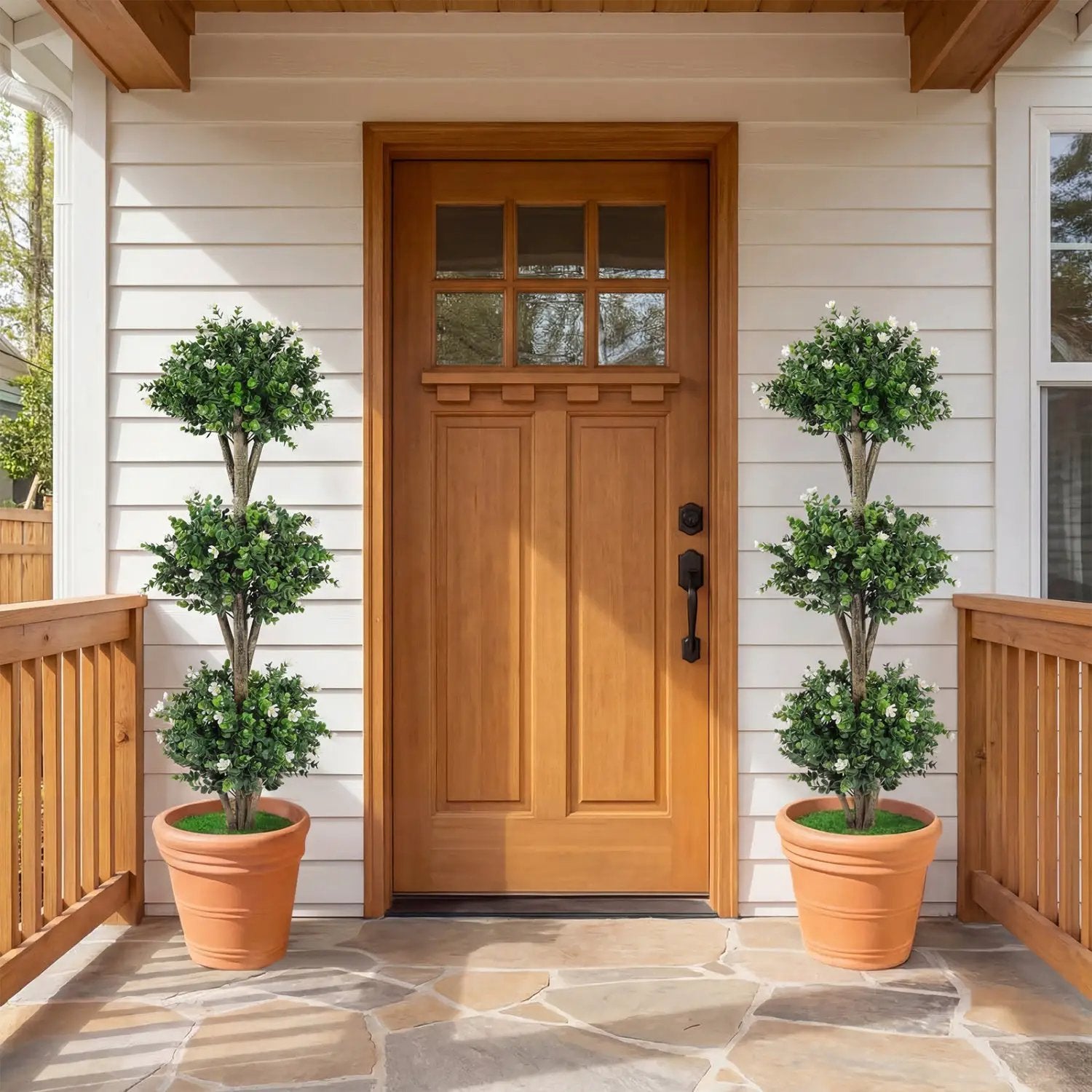 51" Artificial Triple Ball Boxwood Topiary Tree with 59 Blossoms Set of 2 by DirectDeals