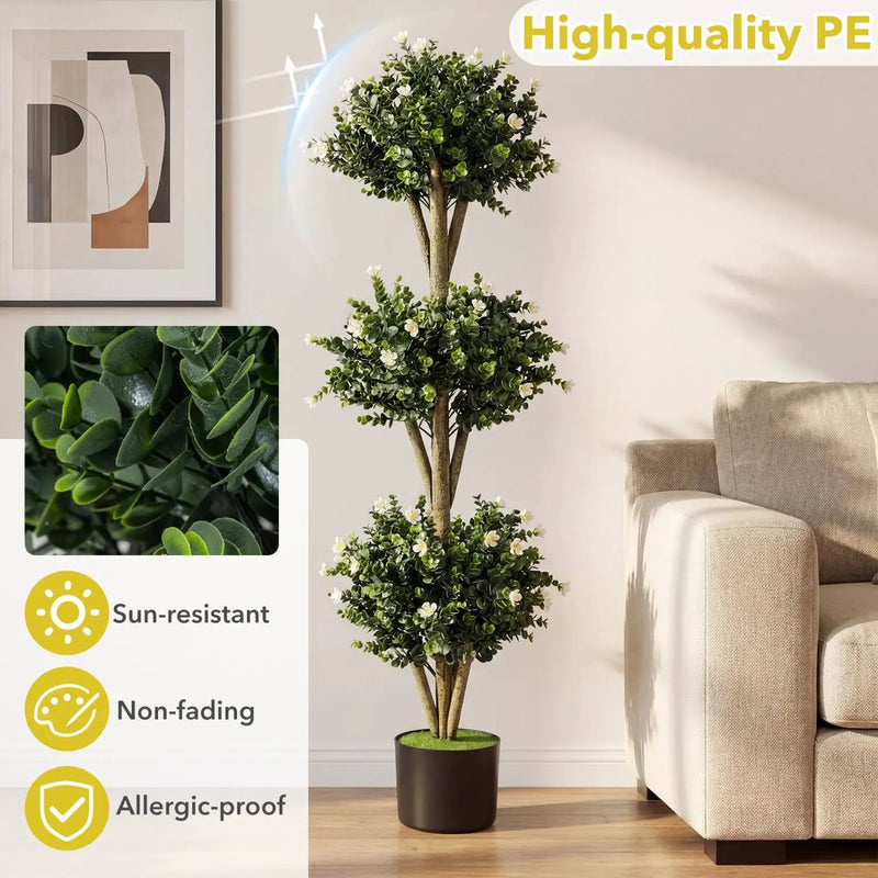 51" Artificial Triple Ball Boxwood Topiary Tree with 59 Blossoms Set of 2 by DirectDeals