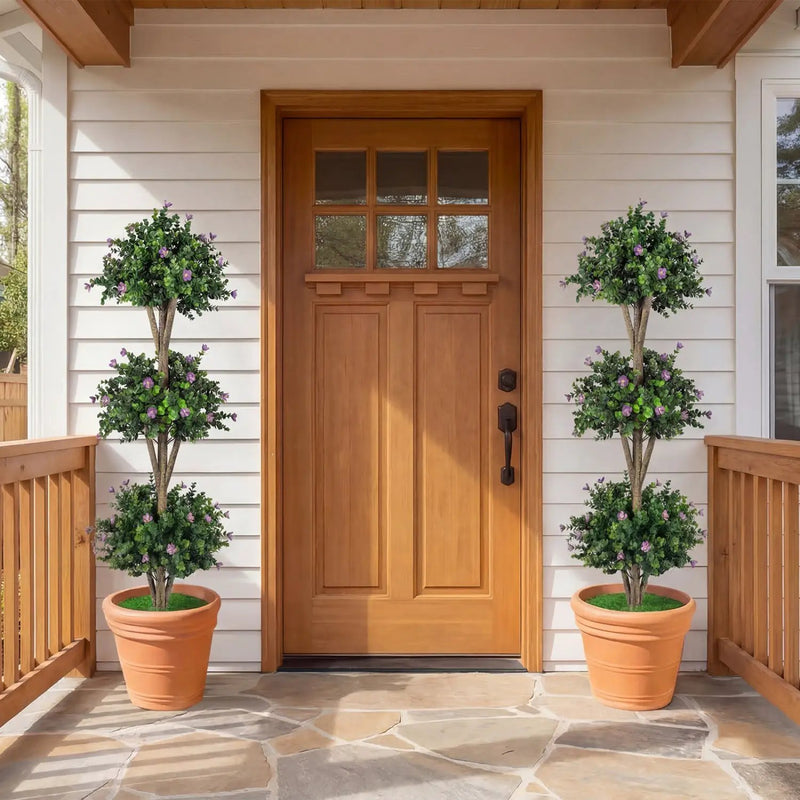 51" Artificial Triple Ball Boxwood Topiary Tree with 59 Blossoms Set of 2 by DirectDeals
