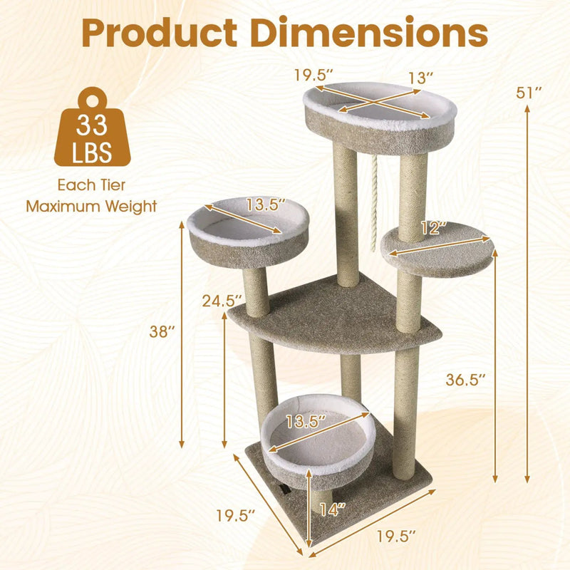 51"Carpeted Cat Tree with Comfy Plush Perches for Indoor Cats by DirectDeals