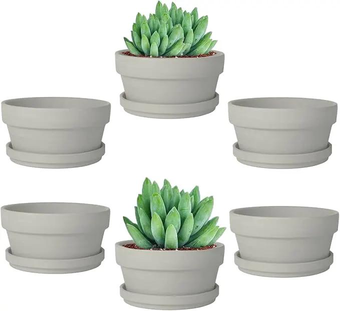 vensovo 4.5 Inch Grey Terracotta Shallow Succulent Pots - 6 Pack Terra Cotta Clay Pot with Saucer, Cacuts Indoor and Outdoor Planters with Drainage Hole by GreenHaven Gardens