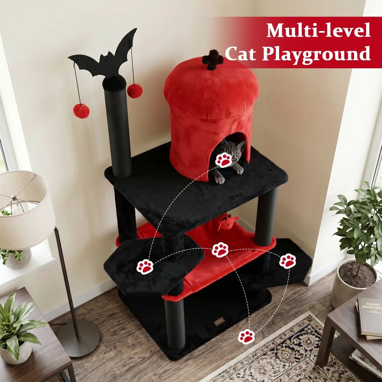 51" Gothic Multi-Level Cat Tree with Spider Toy & Hammock by DirectDeals