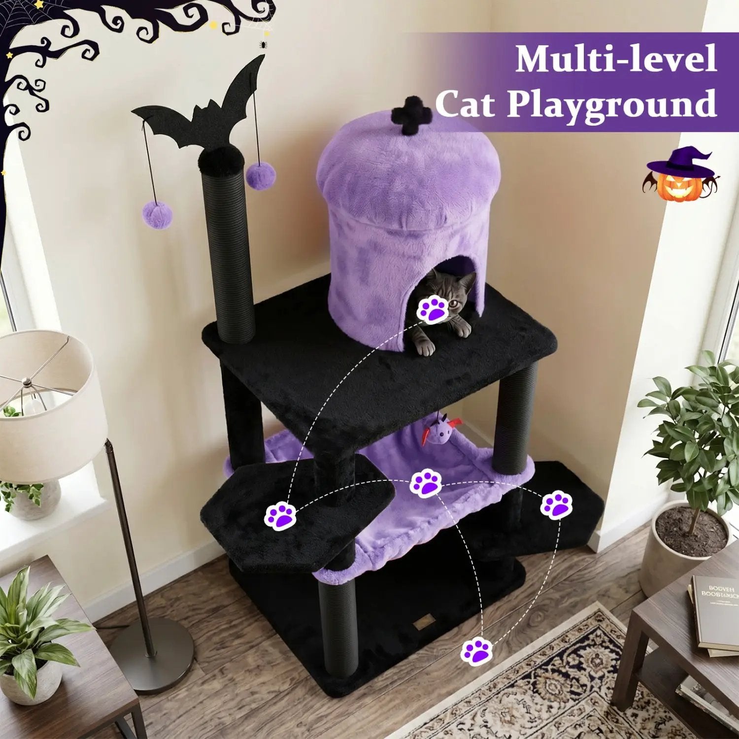 51" Gothic Multi-Level Cat Tree with Spider Toy & Hammock by DirectDeals