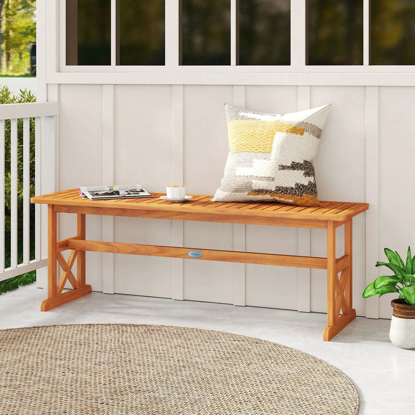 51 Inches Outdoor Acacia Wood Bench with Slatted Seat and 800 lbs Weight Capacity by DirectDeals