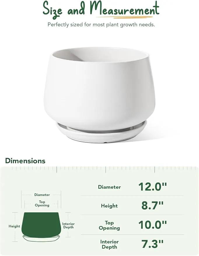 LE TAUCI Ceramic Planters, 12 Inch Pots for Plants, Plant Pots with Drainage Holes and Saucers, Durable and Modern, Planters for Indoor Plants, White by GreenHaven Gardens