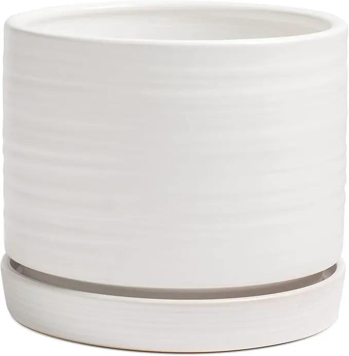 8 Inch Pots for Plants, Ceramic Planter Pot with Drainage Hole & Saucer, Indoor/Outdoor Cylinder Round Planter Pot, Matte White by GreenHaven Gardens