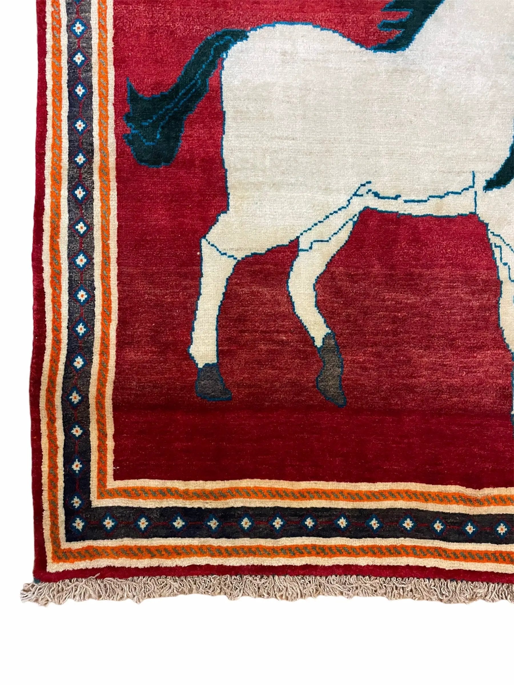 3.5 X 6 Handmade Hand-Knotted New Vintage Rug Quality Wool White Horses Red by Jewel Rugs