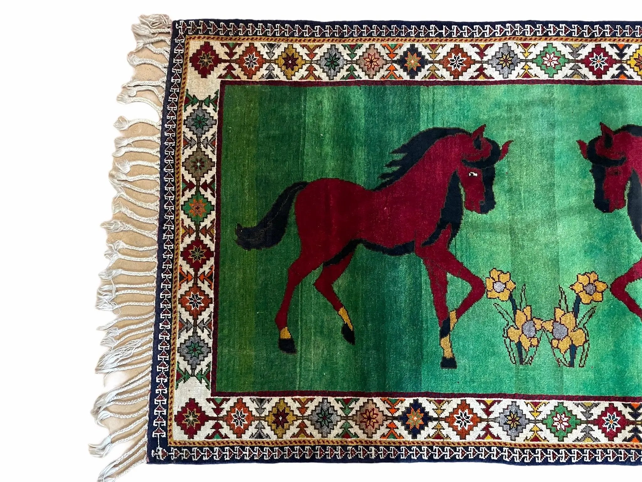 4 X 7 Handmade Rug Zagros Quality Wool Pictorial Horses Green Butterfly Colorful by Jewel Rugs