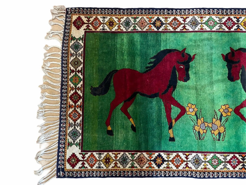 4 X 7 Handmade Rug Zagros Quality Wool Pictorial Horses Green Butterfly Colorful by Jewel Rugs