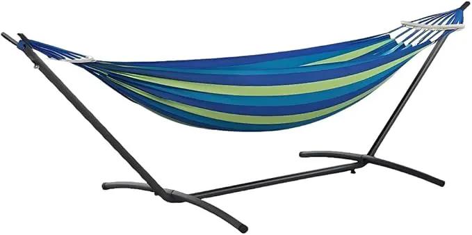 Double Hammock with Stand, 2 Person Hammock with Carrying Bag,Heavy Duty Portable,500 lb Capacity, Perfect for Both Indoors and Outdoors，Ocean Breeze by GreenHaven Gardens