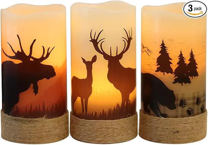 Flickering Flameless Candles with 6H Timer, LED Warm Light Pillar Candles Battery Operated Real Wax with Hemp Rope, Deer, Moose, Bear, Home Table Decoration for Wedding Party by GreenHaven Gardens