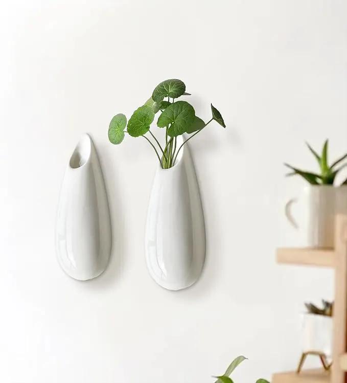 2 Pack White Ceramic Wall Vases,5.9 Inch Wall Hanging Plant Holder,Cubicle Modern Decor Plant Holder Vase for Indoor Plants, Hanging Propagation Flower Pots for Air Vases by GreenHaven Gardens