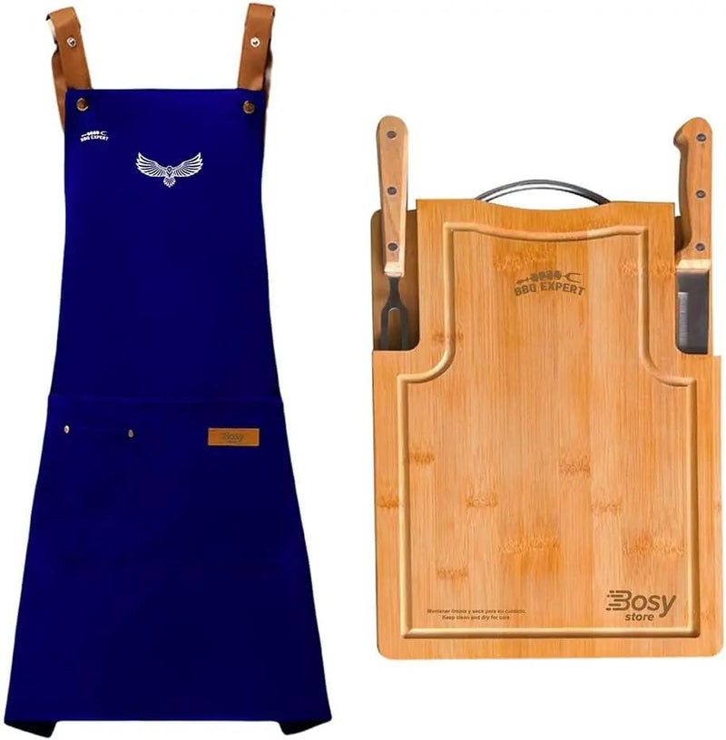 Premium BBQ Accessories & Grill Set with Bamboo Cutting Board, Adjustable Apron, Stainless Steel Knife & Fork. by GreenHaven Gardens