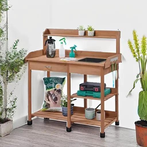 Yaheetech Potting Bench Outdoor Garden Work Bench Station Planting Solid Wood Construction for Horticulture w/Sink Drawer Rack Shelves Brown by GreenHaven Gardens