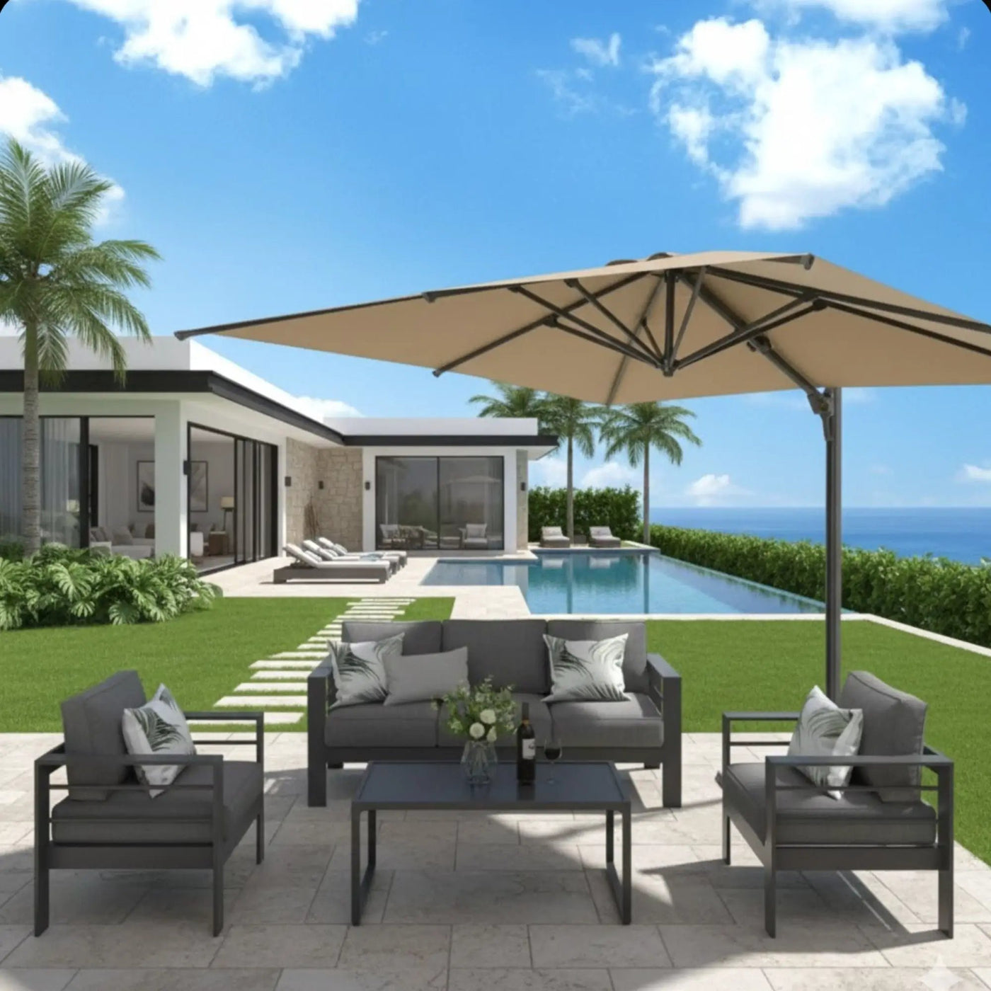 Round Cantilever Patio Umbrella With 360 Rotation & Infinite Tilt Adjustment by HouseOfZazla