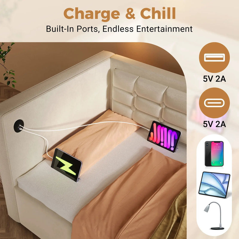 Upholstered Hydraulic Storage Daybed With USB & Type C Charging by HouseOfZazla